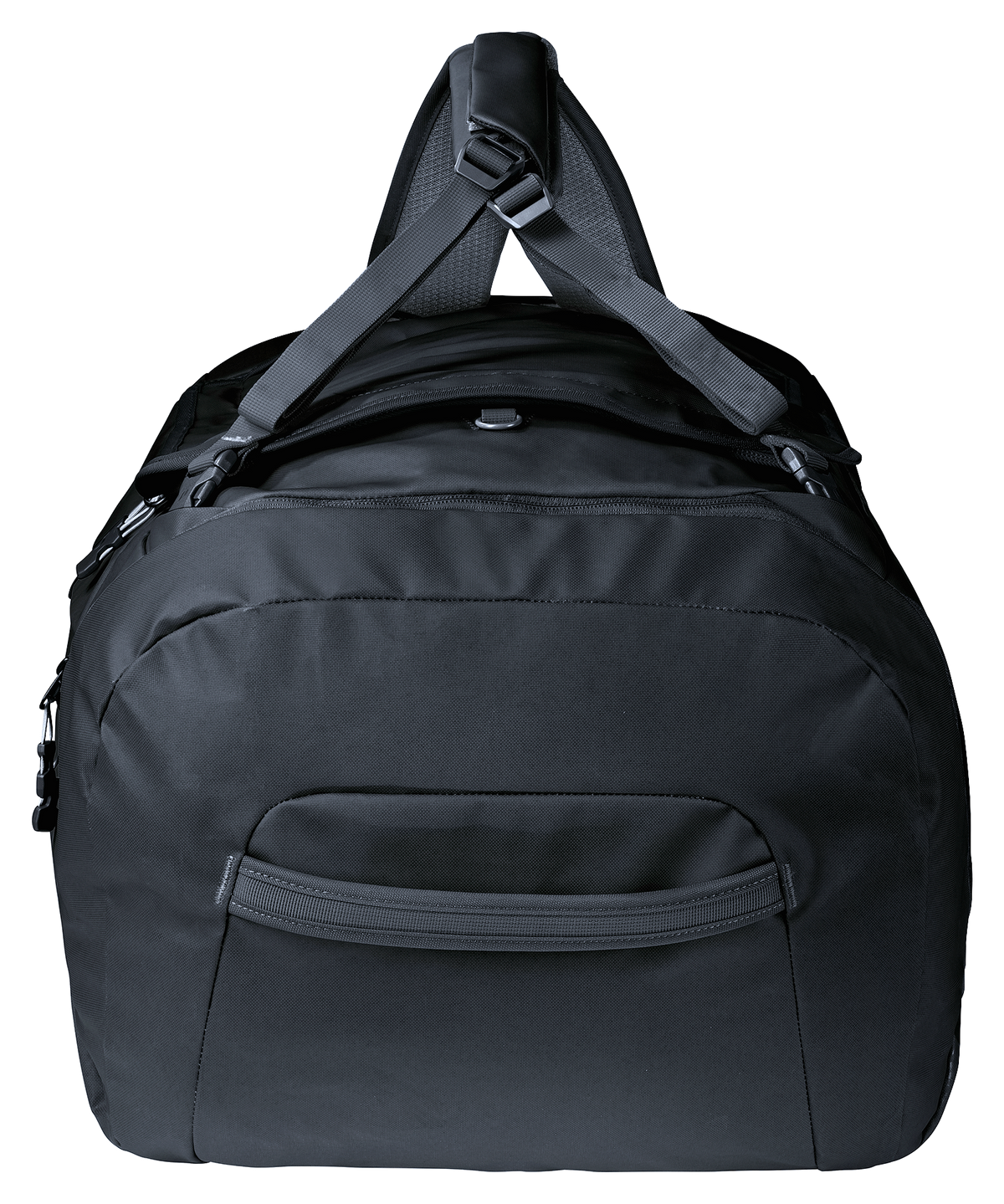 Deuter Duffel Pro 90 in Black, end view with zipped side pocket