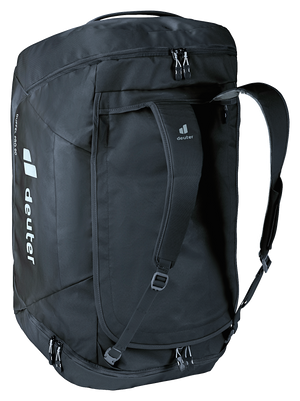 Deuter Duffel Pro 90 standing on end with shoulder straps out for backpack carry