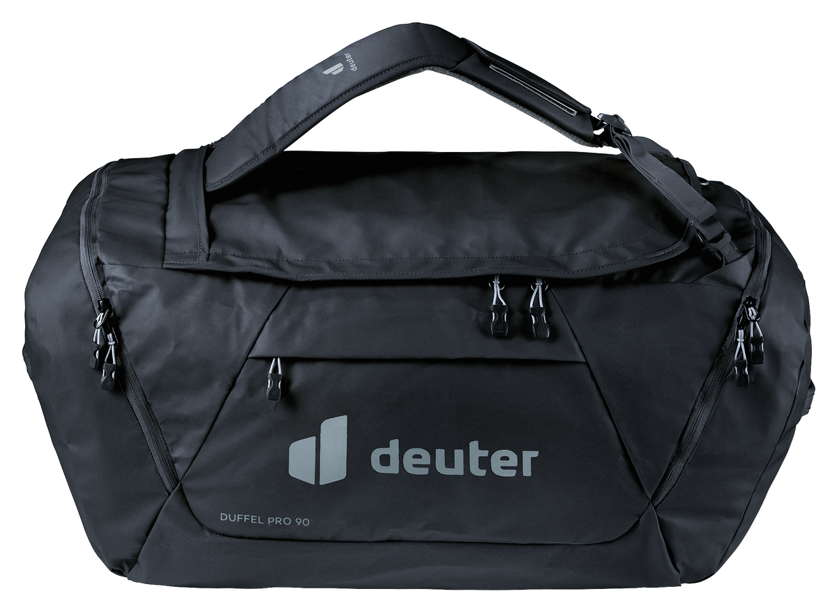 Deuter Duffel Pro 90 in Black, side view with carry handles joined
