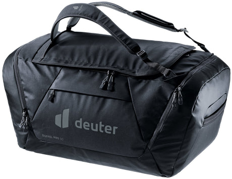 Deuter Duffel Pro 90 duffel bag in Black, front three-quarter view with zipped front pocket