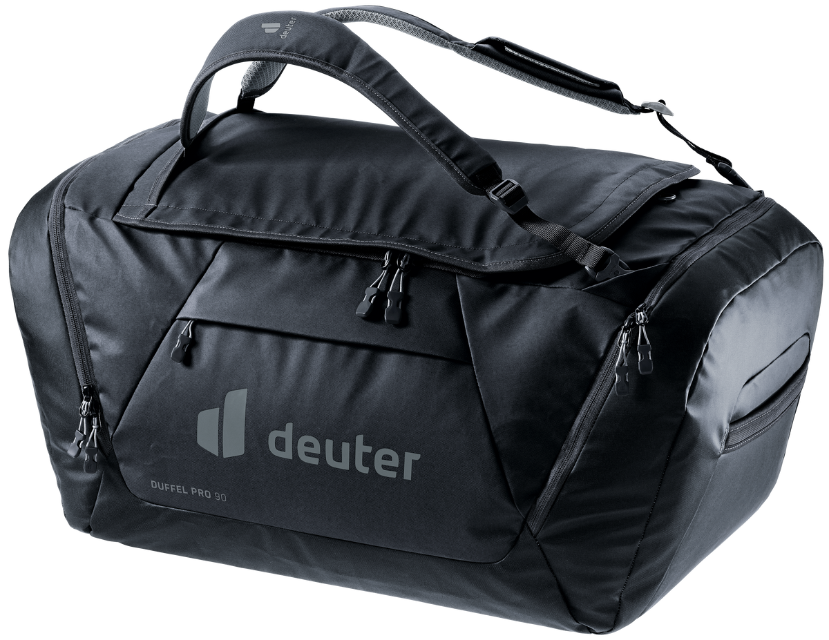 Deuter Duffel Pro 90 duffel bag in Black, front three-quarter view with zipped front pocket