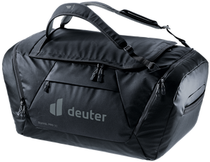 Deuter Duffel Pro 90 duffel bag in Black, front three-quarter view with zipped front pocket