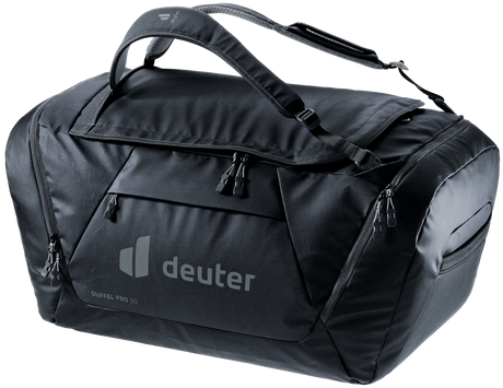 Deuter Duffel Pro 90 duffel bag in Black, front three-quarter view with zipped front pocket