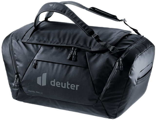 Deuter Duffel Pro 90 duffel bag in Black, front three-quarter view with zipped front pocket