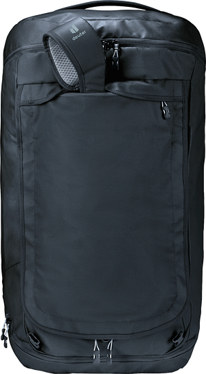 Deuter Duffel Pro 90 on end with shoulder straps stowed in their zipped pocket