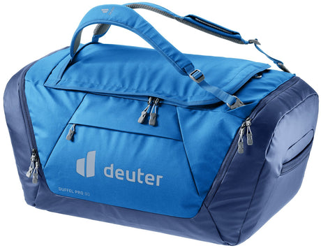 Deuter Duffel Pro 90 in Neptune Nightblue, bright blue and navy duffel, three-quarter view