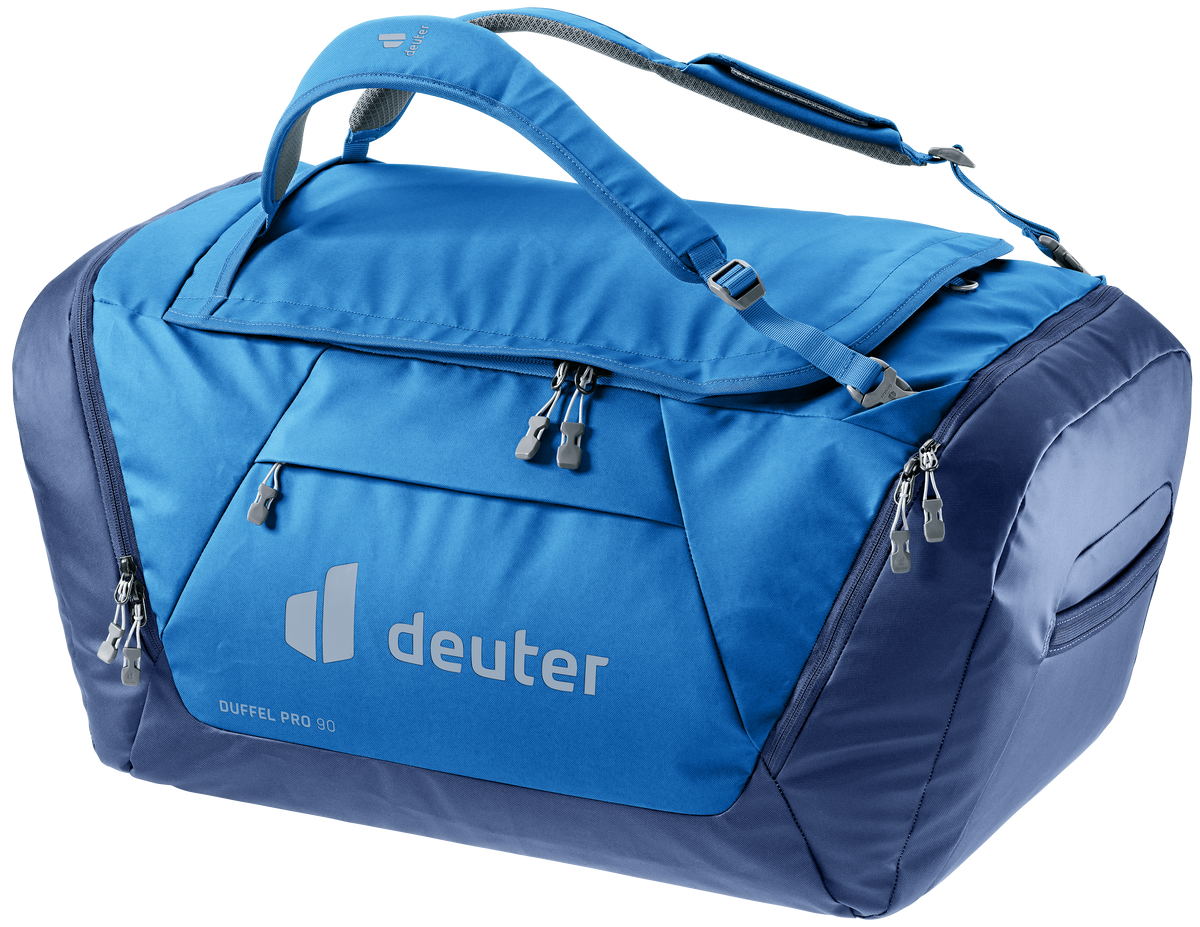 Deuter Duffel Pro 90 in Neptune Nightblue, bright blue and navy duffel, three-quarter view
