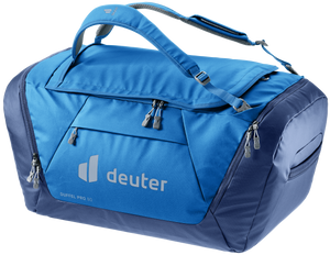 Deuter Duffel Pro 90 in Neptune Nightblue, bright blue and navy duffel, three-quarter view