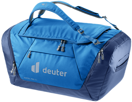 Deuter Duffel Pro 90 in Neptune Nightblue, bright blue and navy duffel, three-quarter view