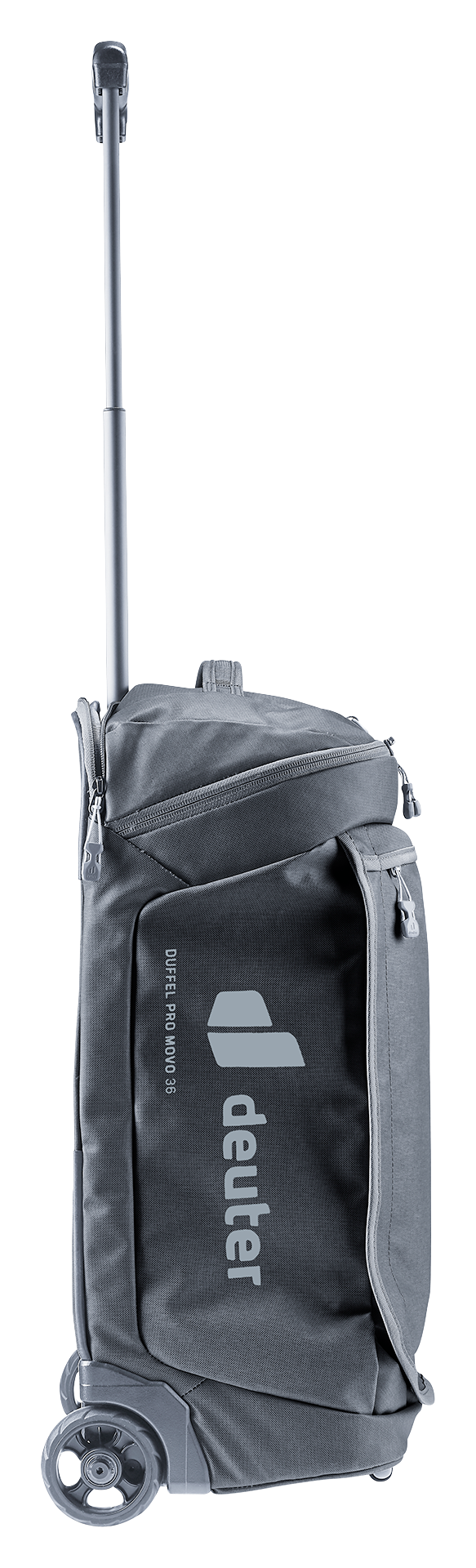 Deuter Duffel Pro Movo 36 in Black, side profile showing a wheel and handle