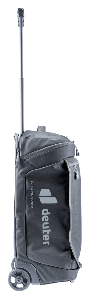 Deuter Duffel Pro Movo 36 in Black, side profile showing a wheel and handle
