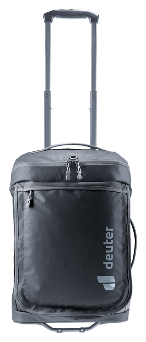 Deuter Duffel Pro Movo 36 in Black, straight-on front view with the zipped front pocket and handle extended
