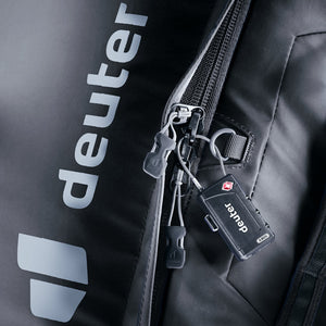 Close-up of the Deuter Duffel Pro Movo 36 main zip secured with a padlock (not included)