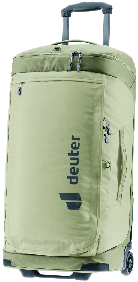 Deuter Duffel Pro Movo 60 in Mineral Grove, sage green wheeled duffel with handle extended