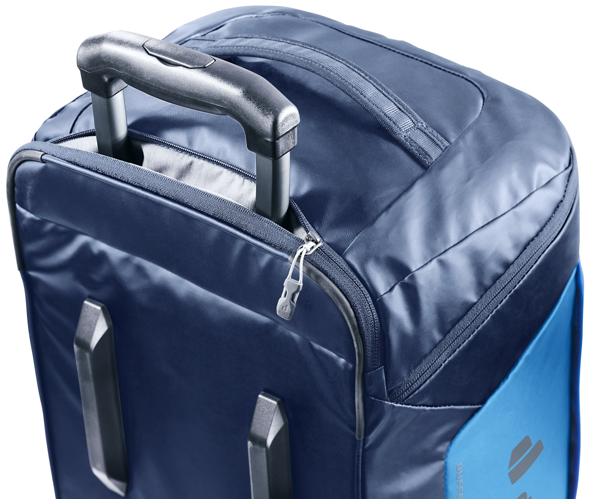 Close-up of the Deuter Duffel Pro Movo 60 top handle and stowable luggage handle