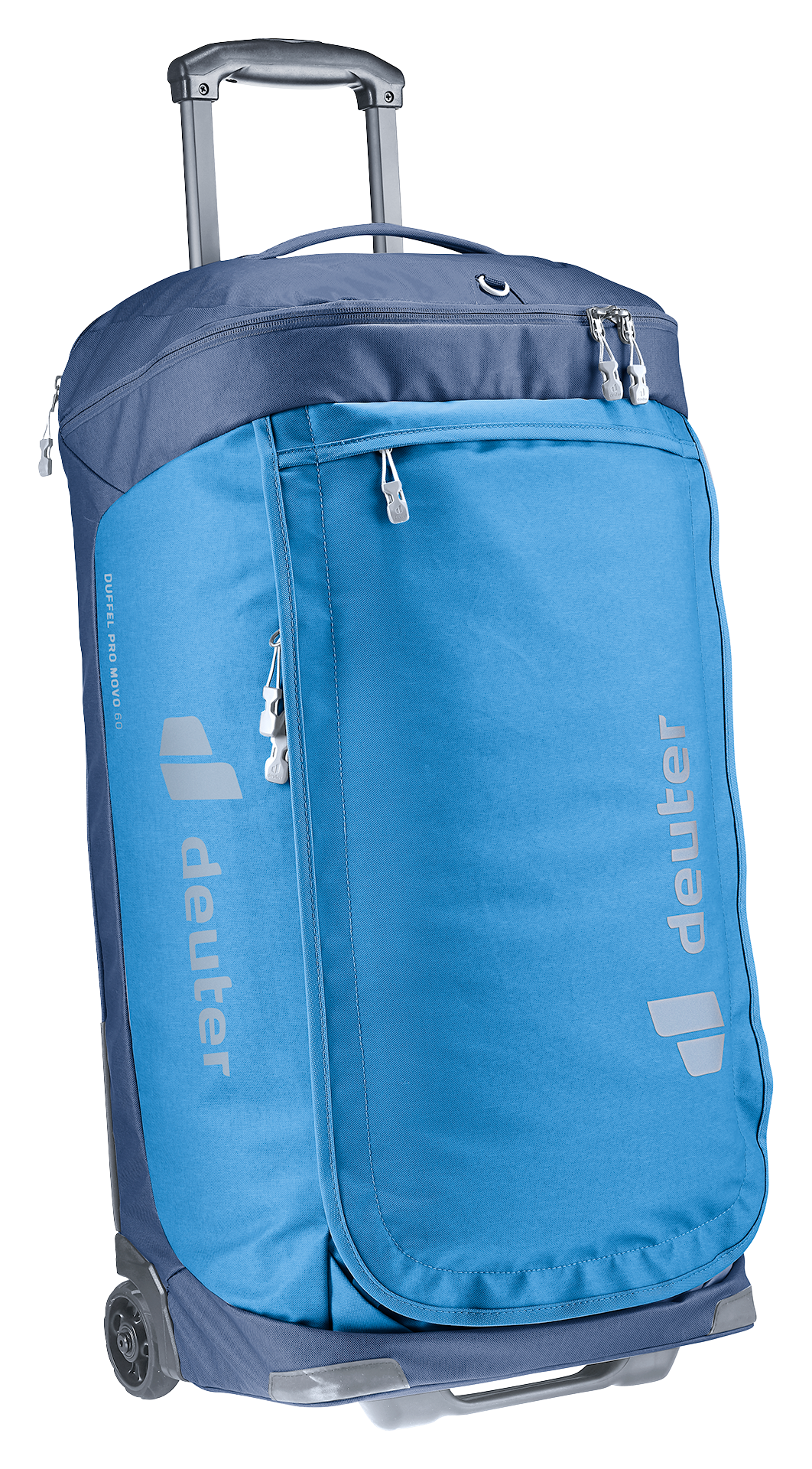Deuter Duffel Pro Movo 60 in Neptune Nightblue, front three-quarter view on its wheels