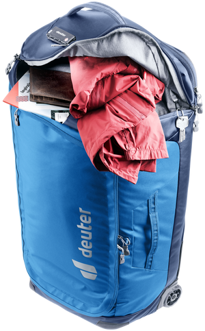 Deuter Duffel Pro Movo 60 opened through the front arch with clothes spilling out