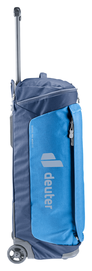 Side view of the Deuter Duffel Pro Movo 60 showing the wheels and extended handle