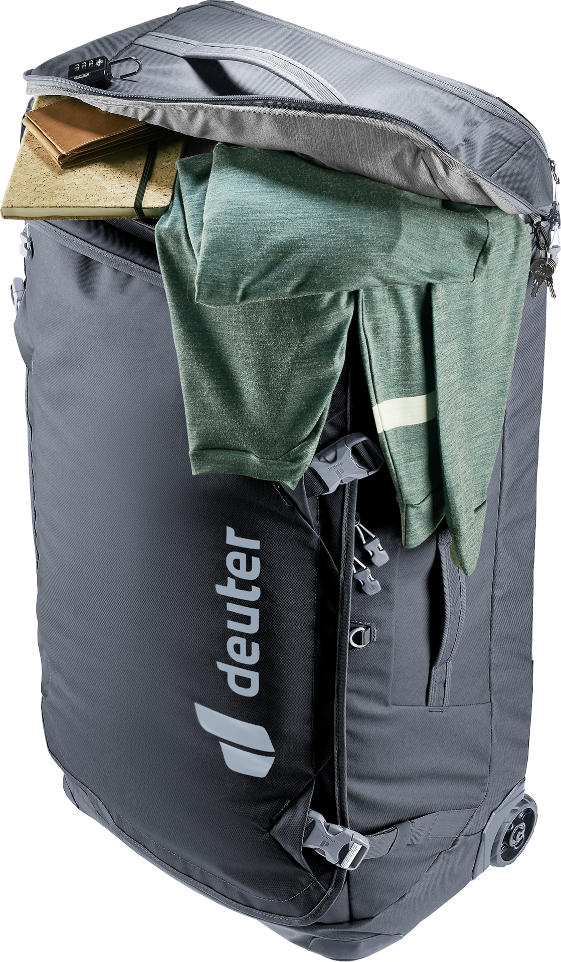 Deuter Duffel Pro Movo 90 standing upright with clothes spilling from the open top