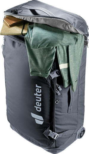 Deuter Duffel Pro Movo 90 standing upright with clothes spilling from the open top