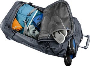Deuter Duffel Pro Movo 90 opened flat through the front zip, packed with clothes and shoes