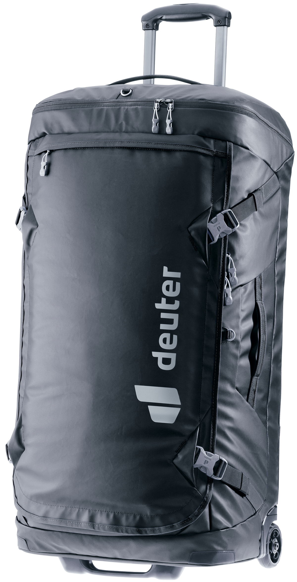 Deuter Duffel Pro Movo 90 wheeled duffel in Black, handle extended, front three-quarter view