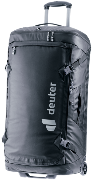Deuter Duffel Pro Movo 90 wheeled duffel in Black, handle extended, front three-quarter view