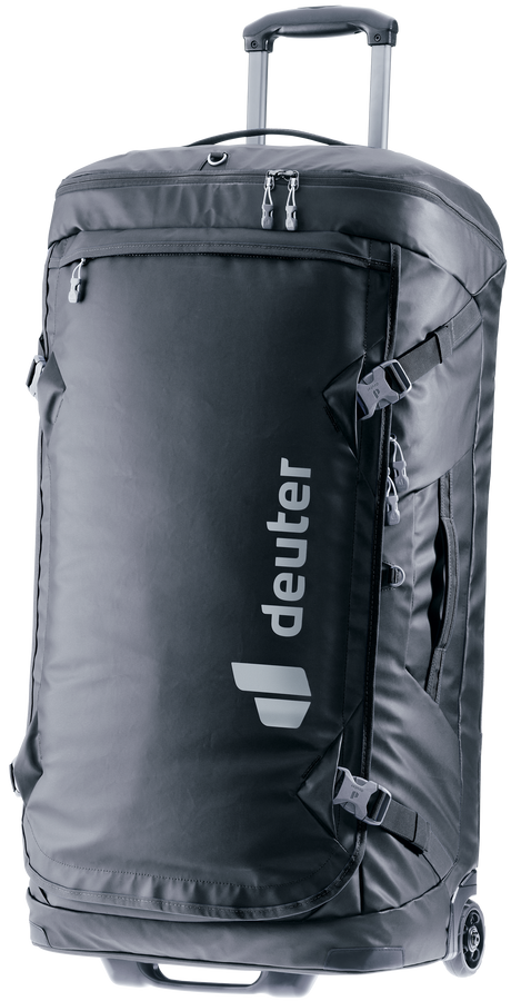 Deuter Duffel Pro Movo 90 wheeled duffel in Black, handle extended, front three-quarter view
