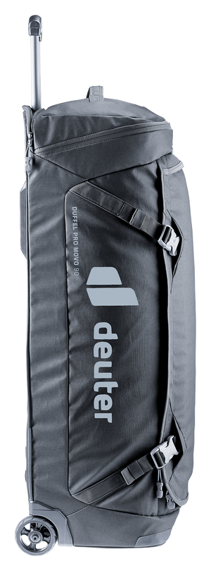 Deuter Duffel Pro Movo 90 in Black, side view with compression straps and wheel