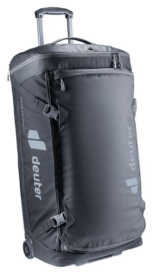 Deuter Duffel Pro Movo 90 in Black, front three-quarter view with the handle down