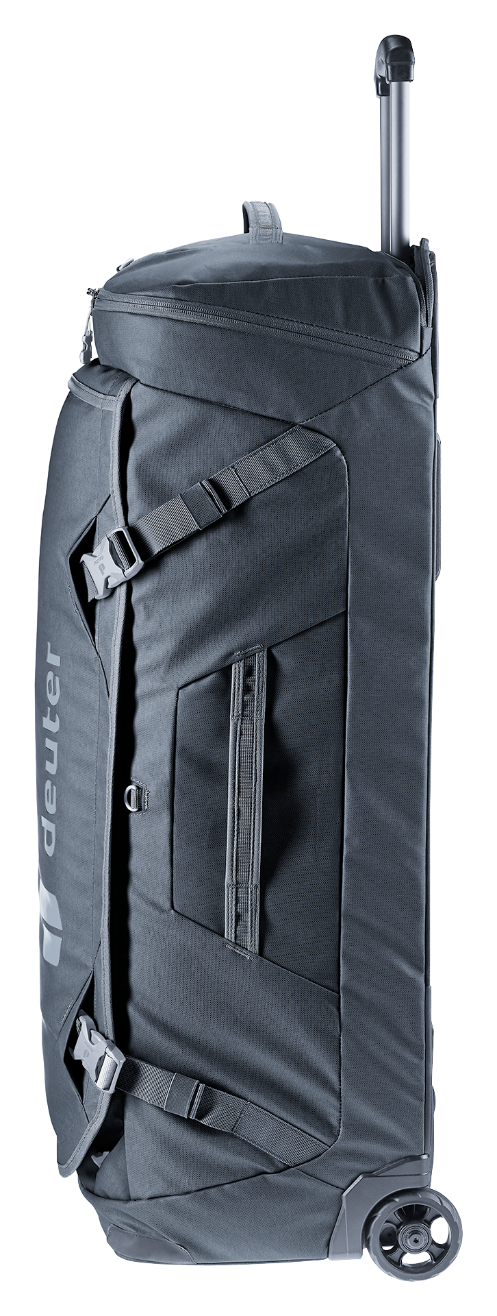 Deuter Duffel Pro Movo 90 in Black, narrow side view showing the extended luggage handle