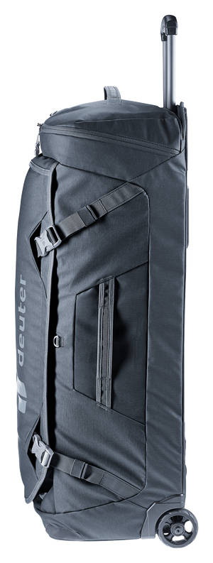 Deuter Duffel Pro Movo 90 in Black, narrow side view showing the extended luggage handle