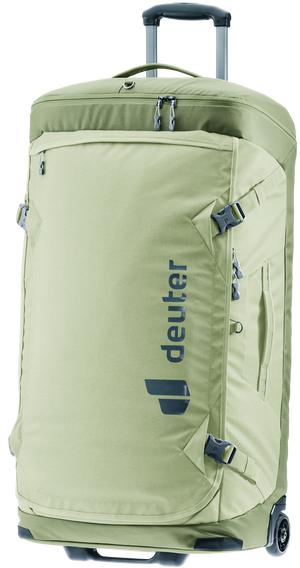 Deuter Duffel Pro Movo 90 in Mineral Grove, sage green wheeled duffel with handle extended