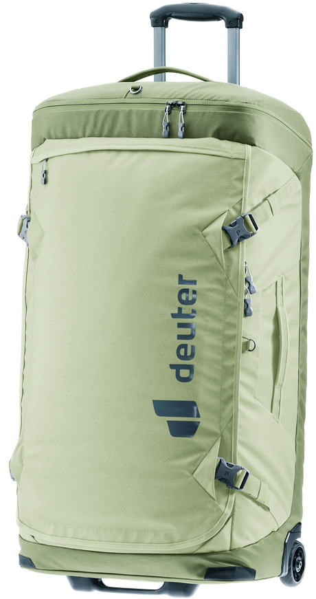 Deuter Duffel Pro Movo 90 in Mineral Grove, sage green wheeled duffel with handle extended
