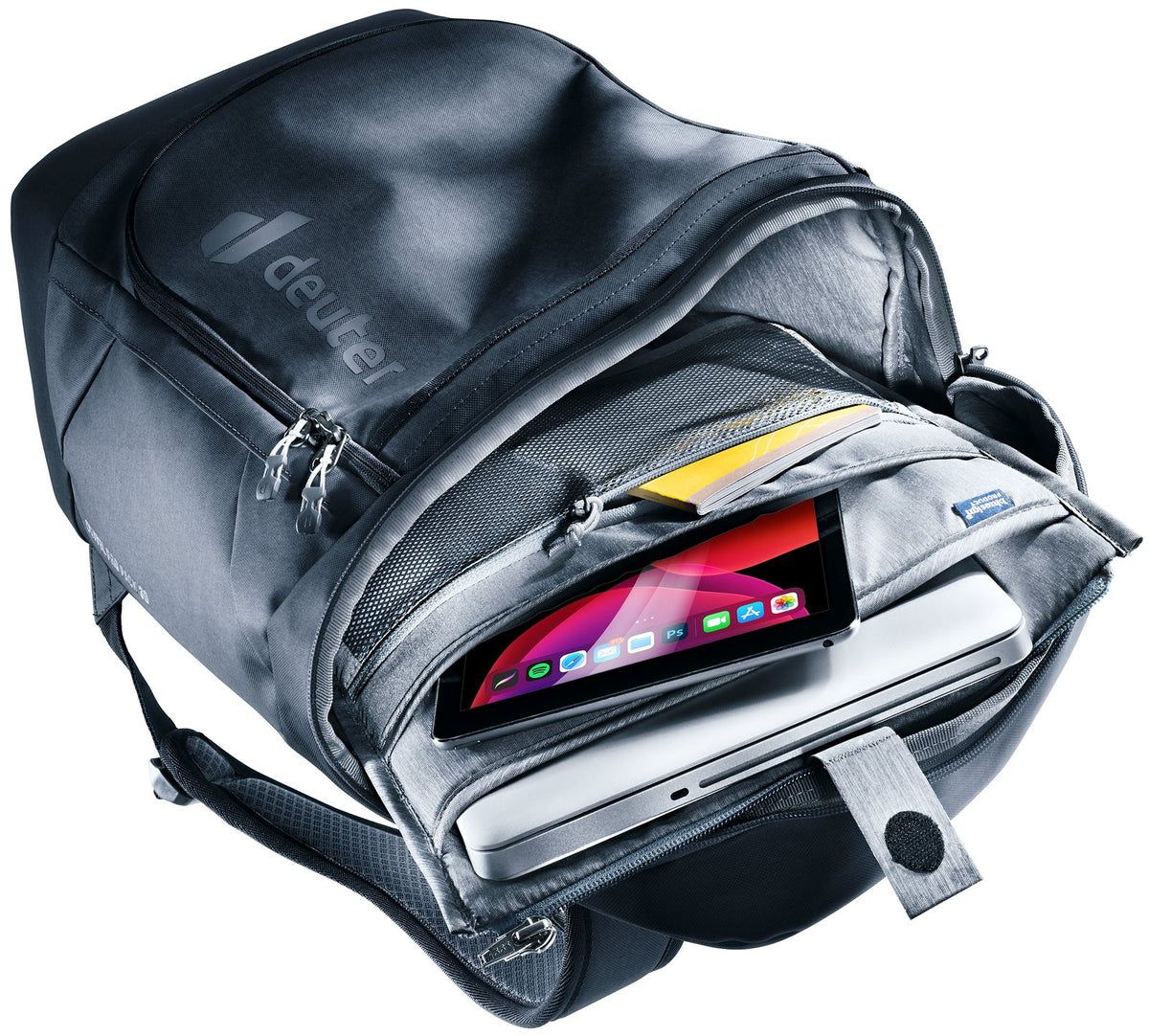 Removable organiser in the Deuter Duffel Pro Pack 30 holding a laptop, tablet and folder