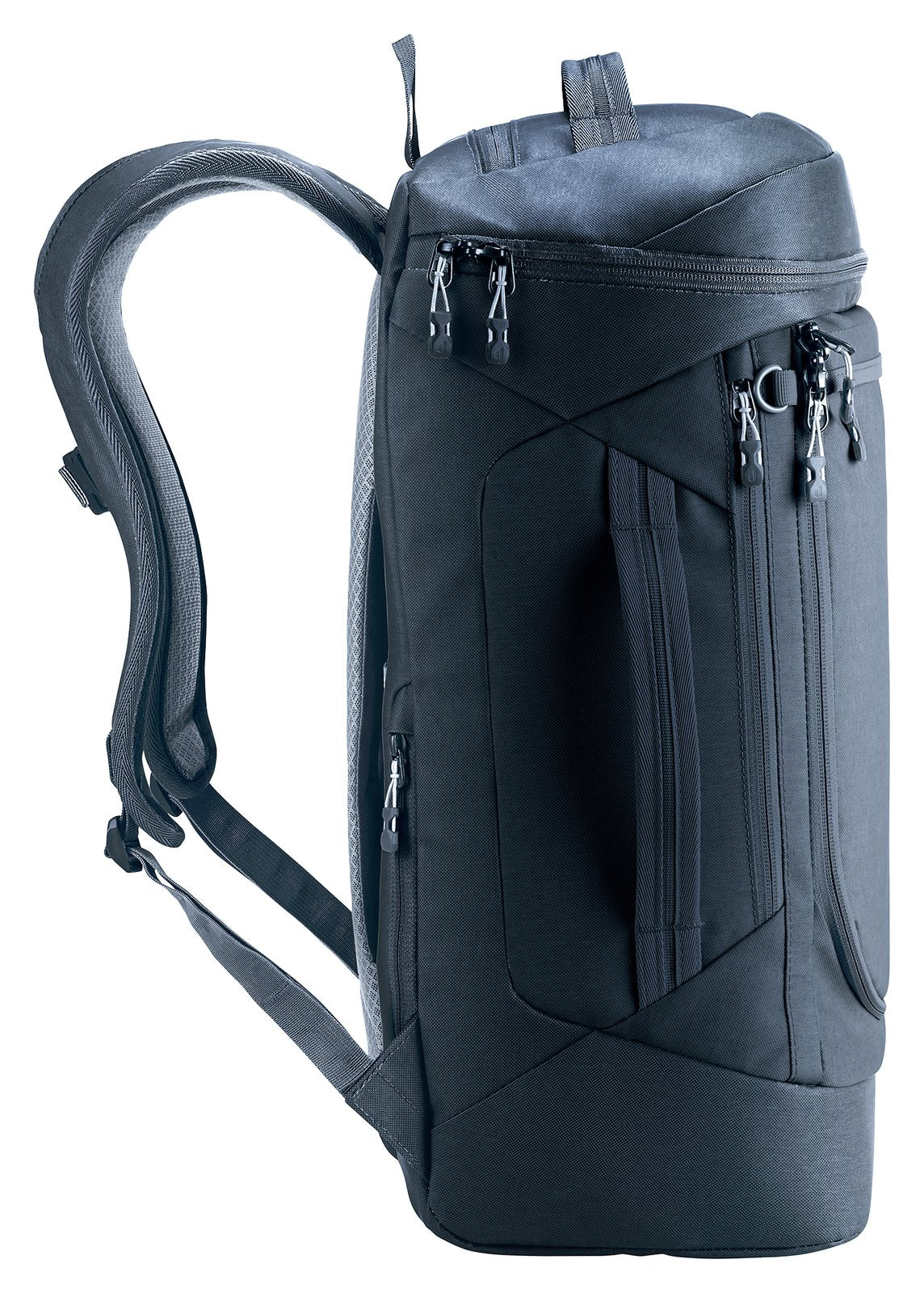 Deuter Duffel Pro Pack 30 in Black, side view with zipped side pocket