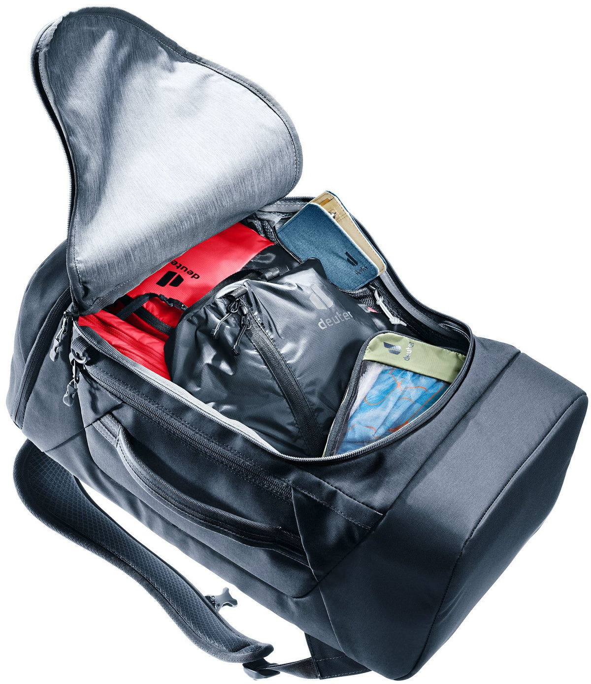 Deuter Duffel Pro Pack 30 opened flat on its U-shaped zip, packed with packing cells
