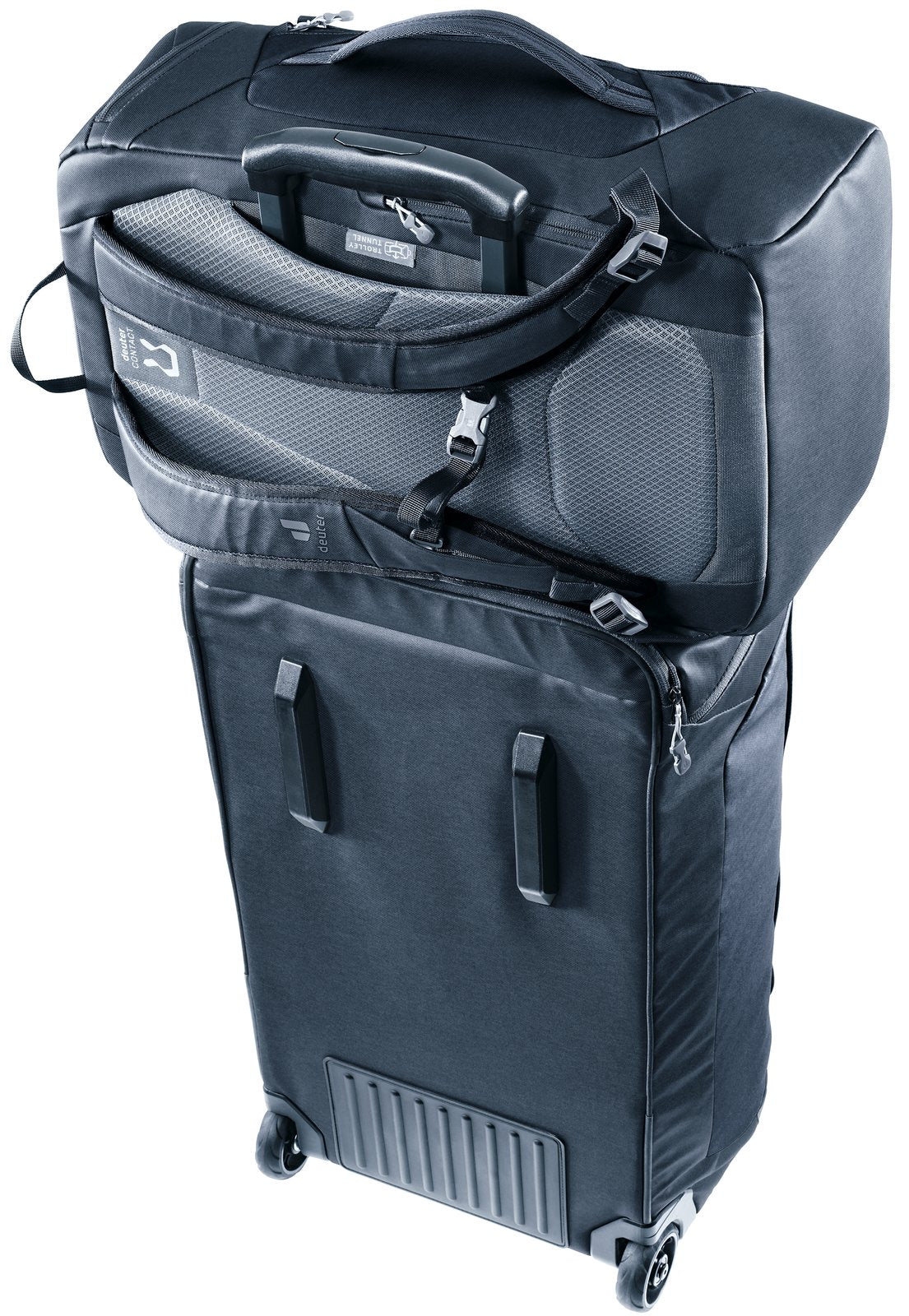 Deuter Duffel Pro Pack 30 sitting on a wheeled suitcase via its pass-through sleeve