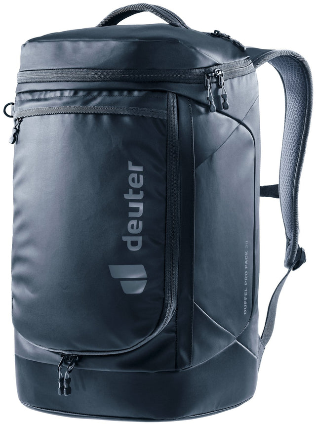 Deuter Duffel Pro Pack 30 carry-on travel backpack in Black, front three-quarter view