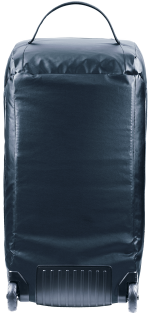 Back of the Deuter Duffel Pro Roller 90 showing the wheel housing and stowed handle