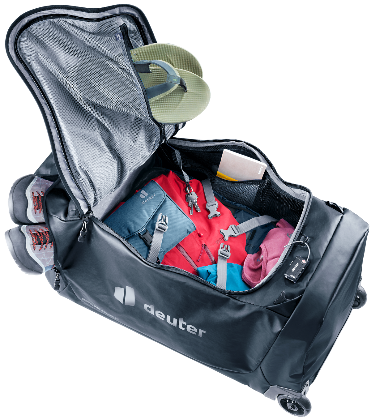 Deuter Duffel Pro Roller 90 with the U-shaped front zip open and clothes packed inside