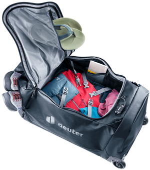 Deuter Duffel Pro Roller 90 with the U-shaped front zip open and clothes packed inside