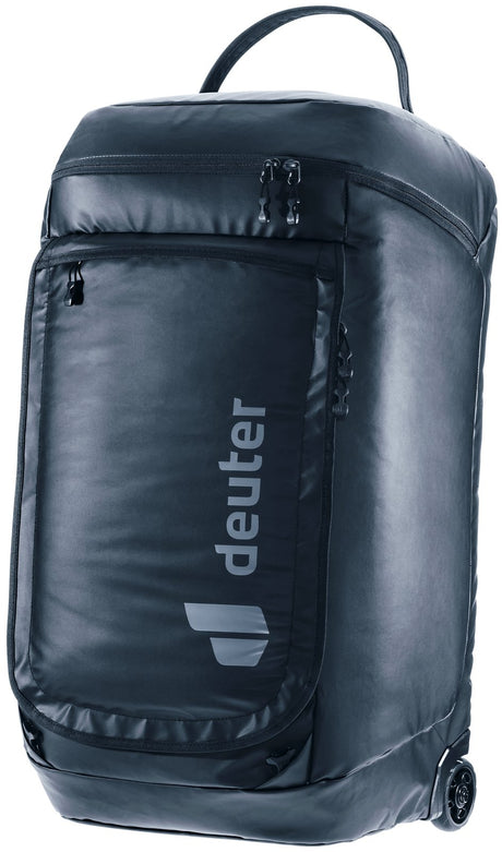 Deuter Duffel Pro Roller 90 wheeled duffel in Black, standing upright, front three-quarter view