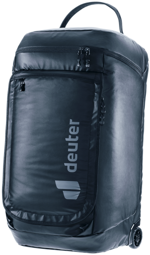 Deuter Duffel Pro Roller 90 wheeled duffel in Black, standing upright, front three-quarter view