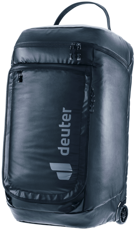 Deuter Duffel Pro Roller 90 wheeled duffel in Black, standing upright, front three-quarter view