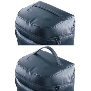 Close-up of the Deuter Duffel Pro Roller 90 extendable handle stowed and extended