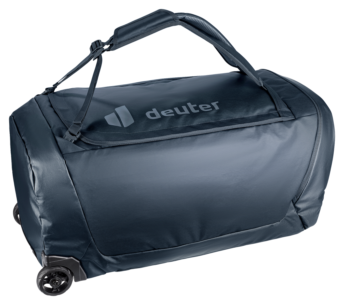 Deuter Duffel Pro Roller 90 lying flat on its wheels with the carry strap on top