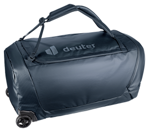 Deuter Duffel Pro Roller 90 lying flat on its wheels with the carry strap on top