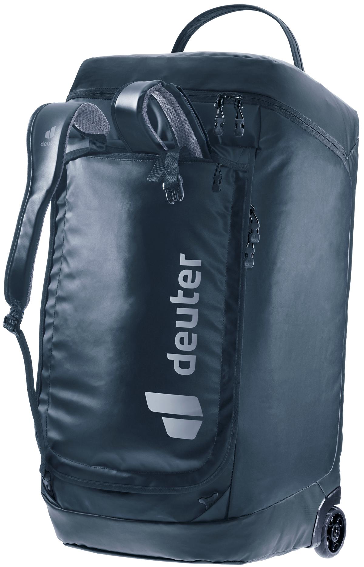 Deuter Duffel Pro Roller 90 with backpack shoulder straps pulled out from their stowage