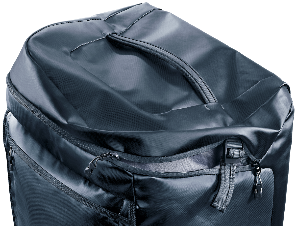 Close-up of the Deuter Duffel Pro Roller 90 top grab handle and zip